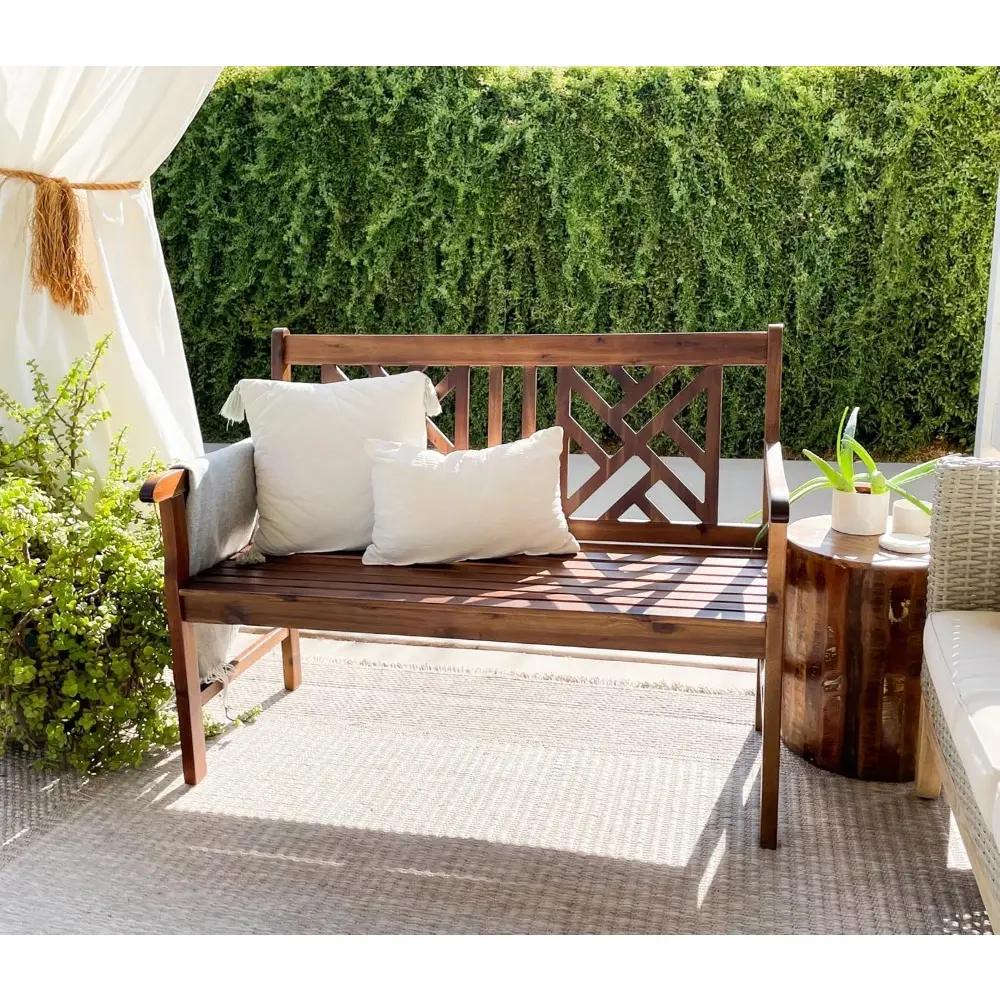 MFSTUDIO Outdoor Acacia Wood Garden Bench with Backrest and Armrest, 2-Person Slatted Seat Bench Patio Furniture for Porch Park