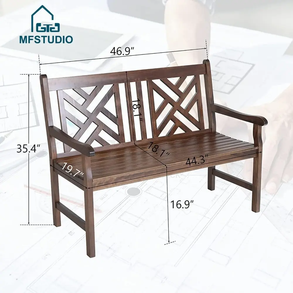 MFSTUDIO Outdoor Acacia Wood Garden Bench with Backrest and Armrest, 2-Person Slatted Seat Bench Patio Furniture for Porch Park