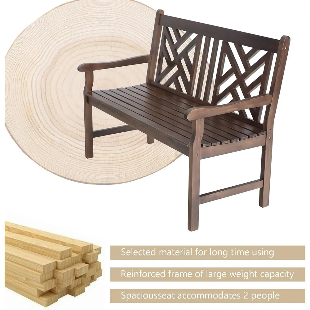 MFSTUDIO Outdoor Acacia Wood Garden Bench with Backrest and Armrest, 2-Person Slatted Seat Bench Patio Furniture for Porch Park
