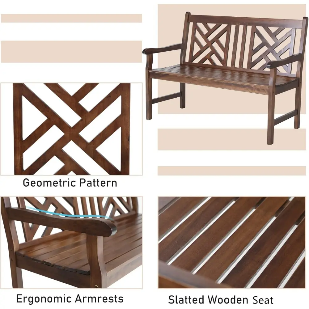 MFSTUDIO Outdoor Acacia Wood Garden Bench with Backrest and Armrest, 2-Person Slatted Seat Bench Patio Furniture for Porch Park