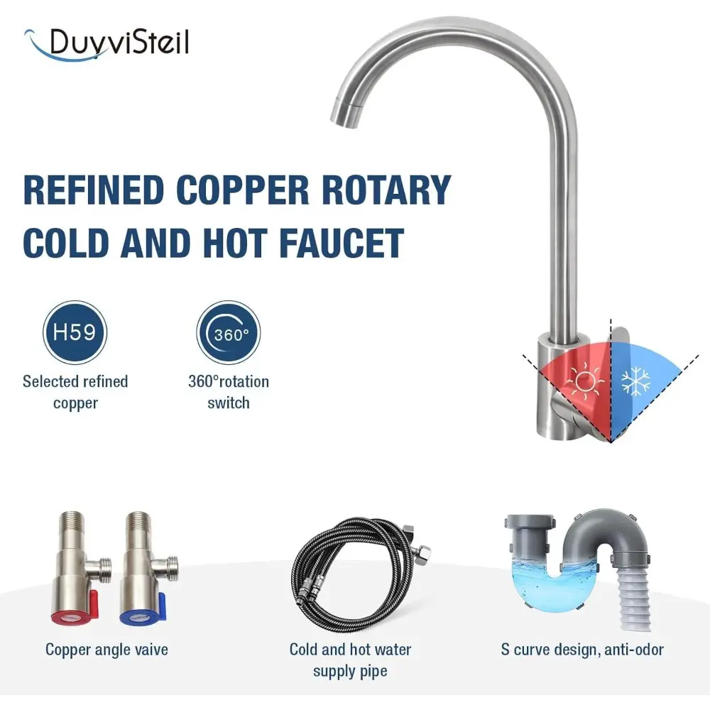 Free Standing Double Bowl Sink, Stainless Steel Utility Sink, Commercial Restaurant Kitchen Sink Set w/Cold and Hot Water Pipe &