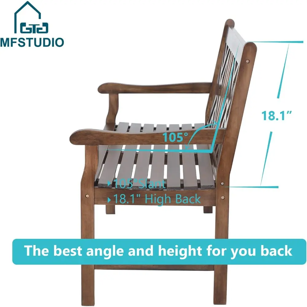 MFSTUDIO Outdoor Acacia Wood Garden Bench with Backrest and Armrest, 2-Person Slatted Seat Bench Patio Furniture for Porch Park