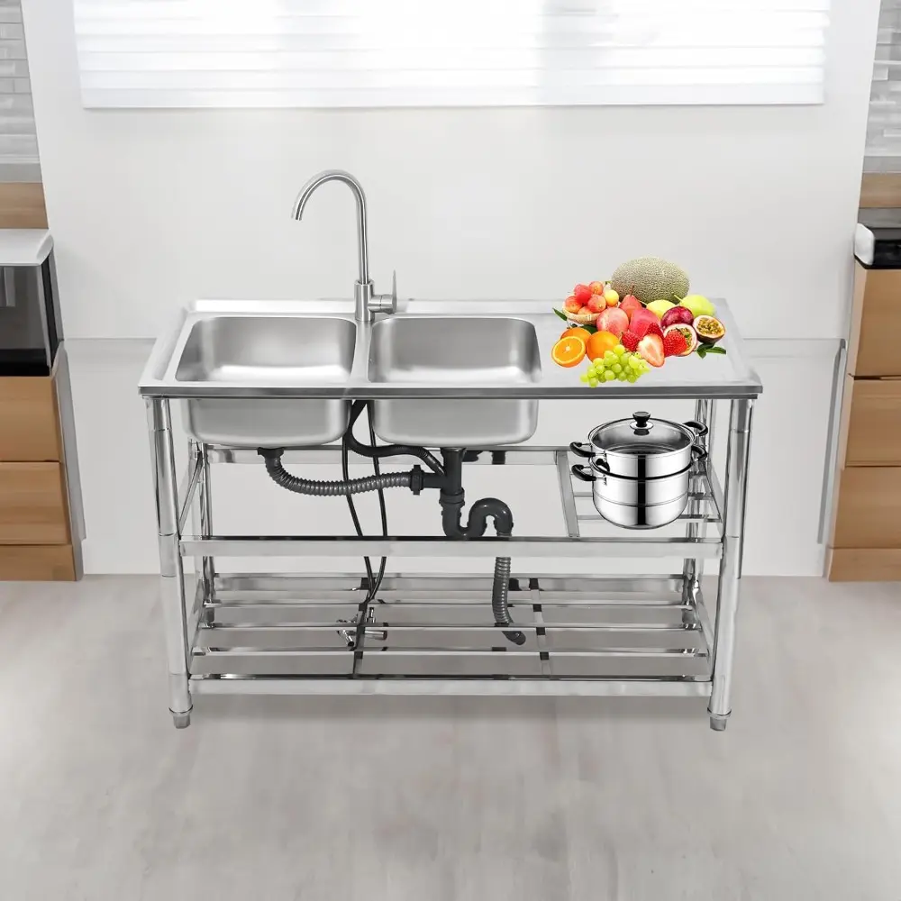 Free Standing Double Bowl Sink, Stainless Steel Utility Sink, Commercial Restaurant Kitchen Sink Set w/Cold and Hot Water Pipe &