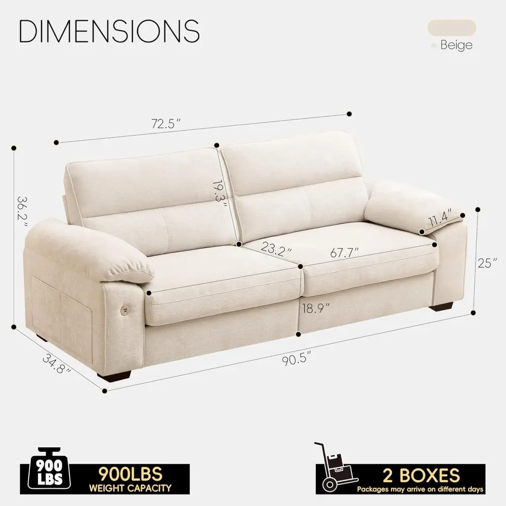 90" Modern Sofa for Living Room, Deep Seat Chenille Couch with Fast Charging Port & Removable Washable Cushions, Pillow-Armrest