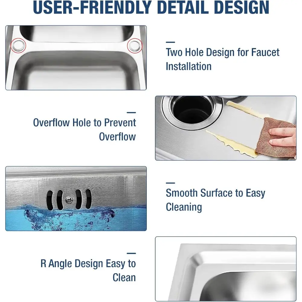 Free Standing Double Bowl Sink, Stainless Steel Utility Sink, Commercial Restaurant Kitchen Sink Set w/Cold and Hot Water Pipe &