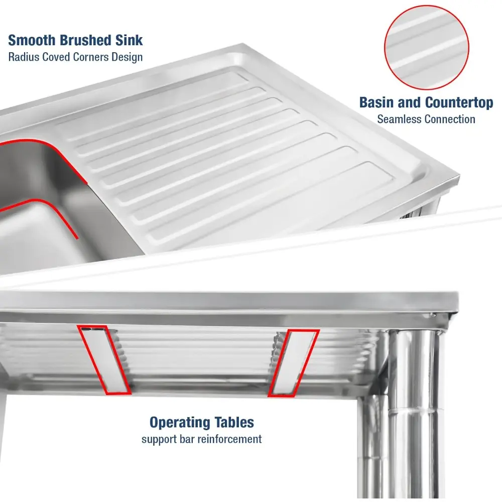 Free Standing Double Bowl Sink, Stainless Steel Utility Sink, Commercial Restaurant Kitchen Sink Set w/Cold and Hot Water Pipe &