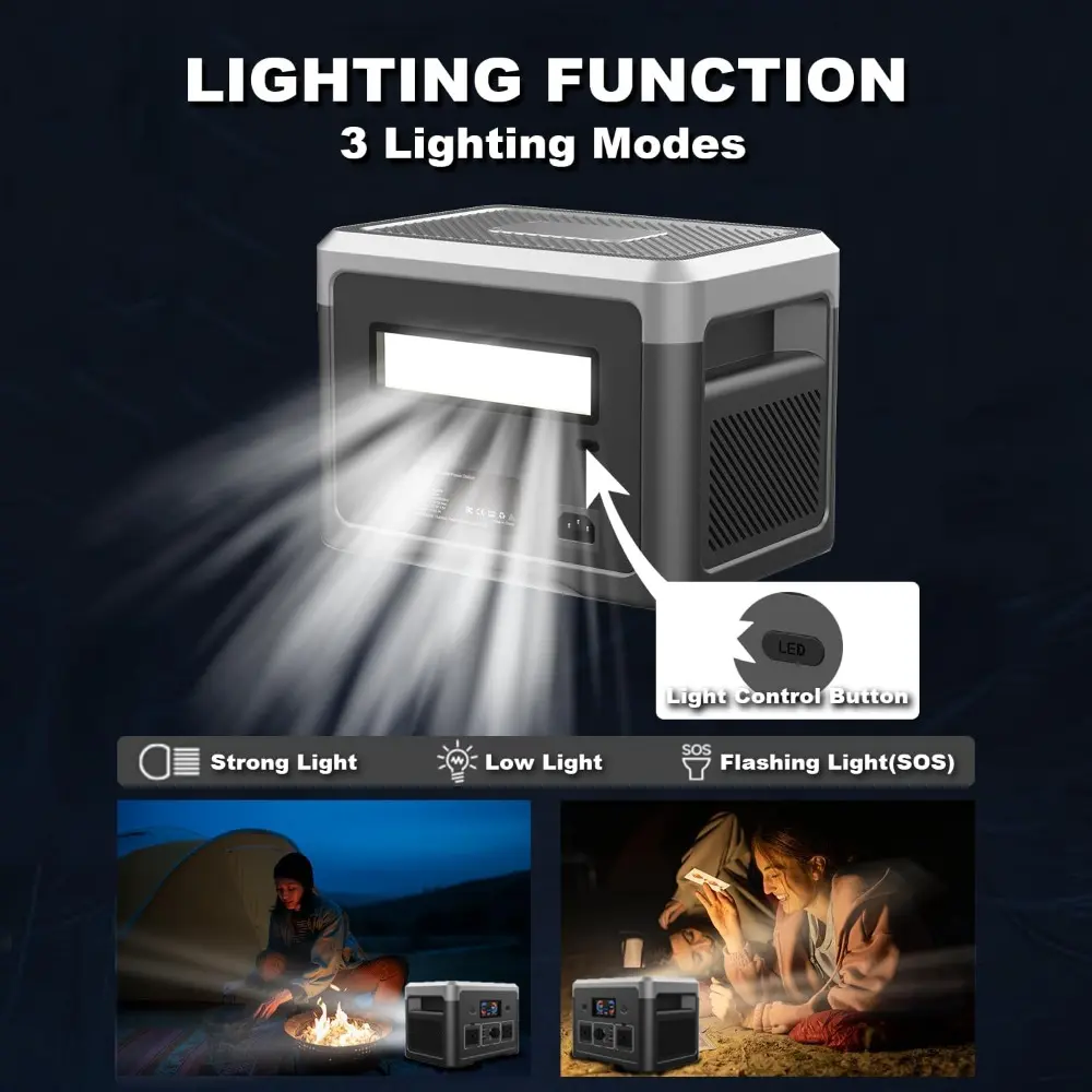Portable Power Station 600W 665.6Wh LiFePO4 Battery Backup Solar Generator with 2x 600W AC Outlets(Surge 1800W),LED Lights,Music