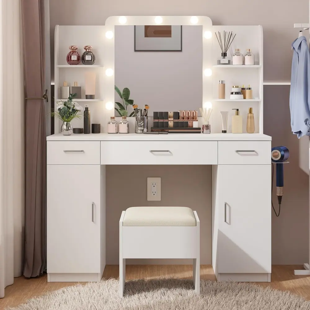 Vanity Desk with Mirror and Lights, 45.3" Vanity Set with Charging Station and Stool, Large Makeup Vanity with Drawers and Cabi