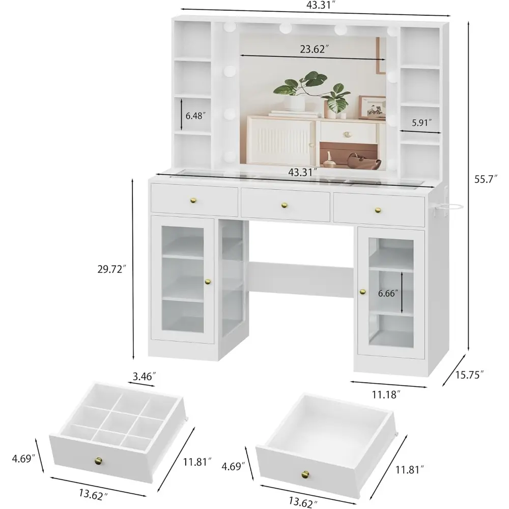 White Vanity Desk with Mirror and Lights, Glass Top Vanity with Lighted Mirror & RGB Glass Cabinet and 3 Drawers, Makeup Vanity