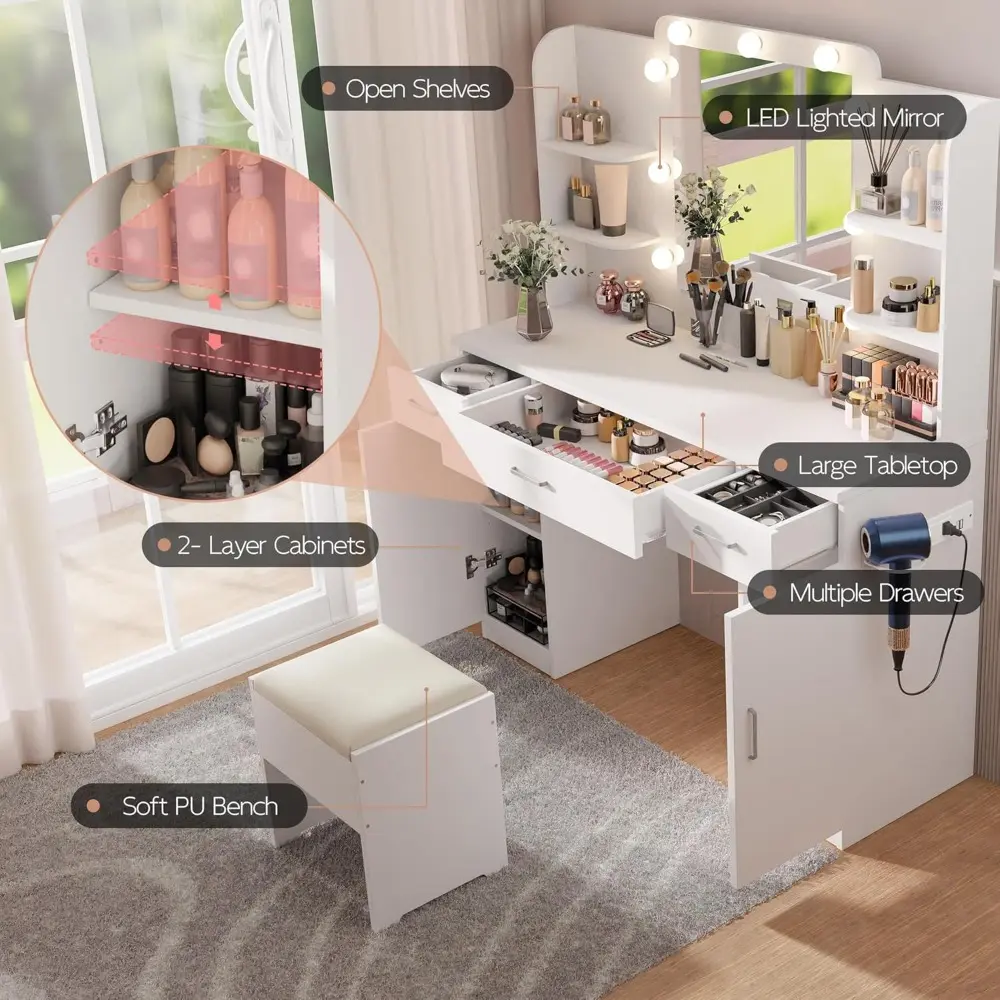 Vanity Desk with Mirror and Lights, 45.3" Vanity Set with Charging Station and Stool, Large Makeup Vanity with Drawers and Cabi