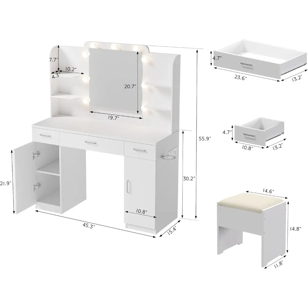Vanity Desk with Mirror and Lights, 45.3" Vanity Set with Charging Station and Stool, Large Makeup Vanity with Drawers and Cabi