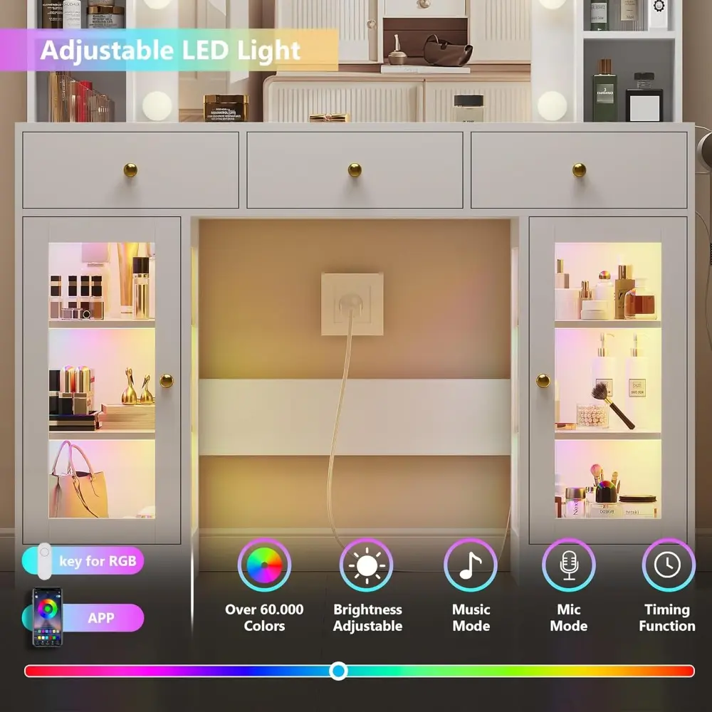 White Vanity Desk with Mirror and Lights, Glass Top Vanity with Lighted Mirror & RGB Glass Cabinet and 3 Drawers, Makeup Vanity