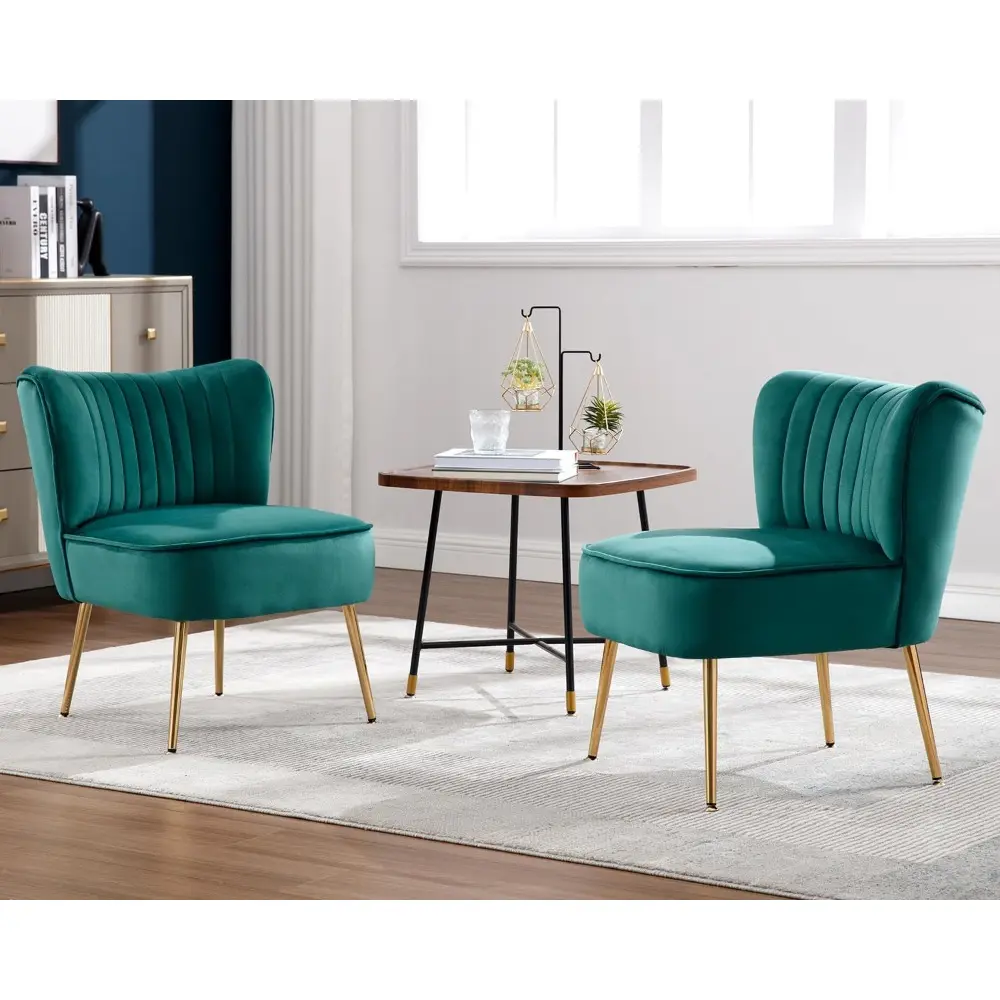 Modern Velvet Upholstered Accent Chair Set of 2,Mid Century Living Room Chairs with Golden Legs,Comfy Armless Chair Wingback Si