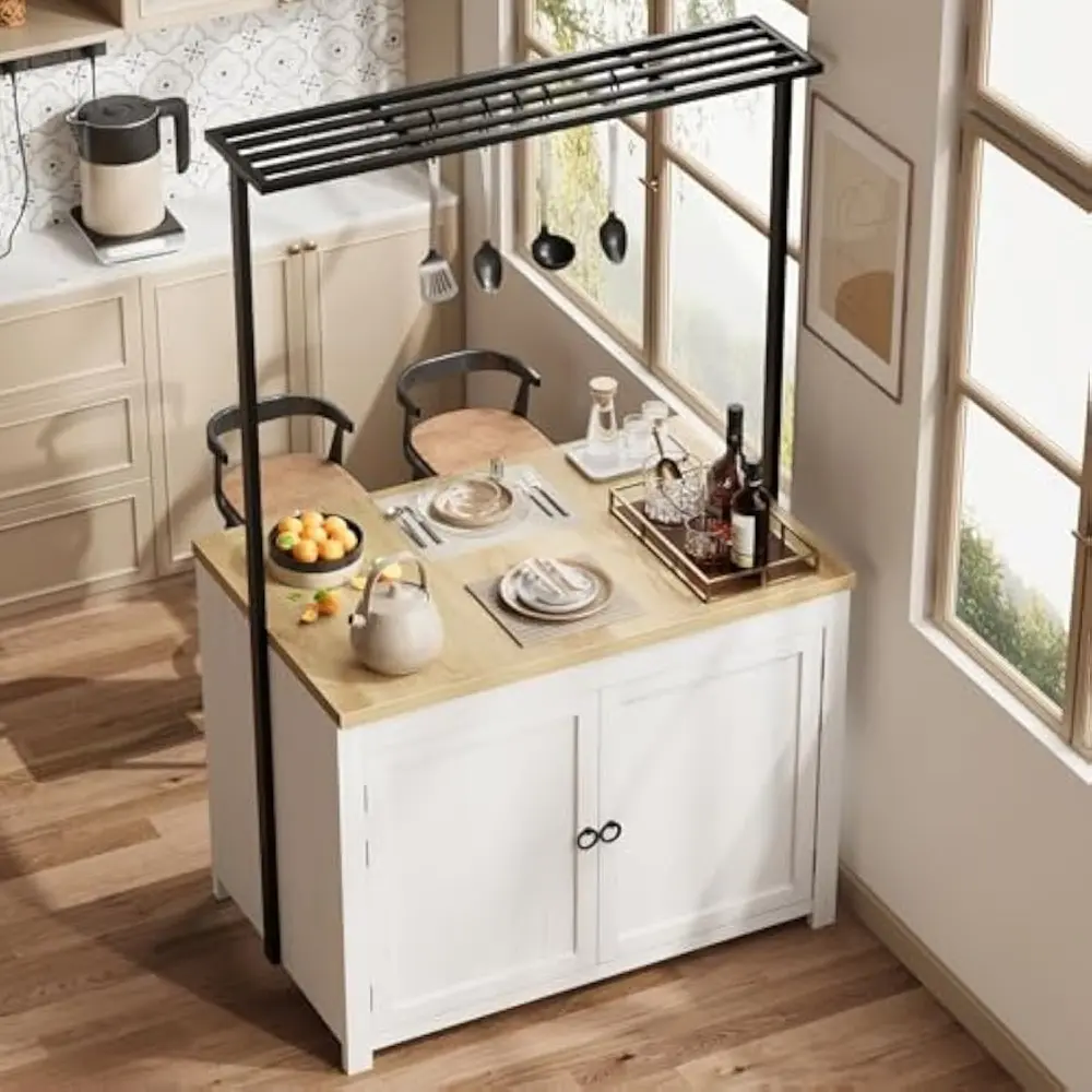 42" Kitchen Island with Storage, 1.2" Countertop Heavy-Duty Multi-Functional Kitchen Cart with 2-Tier Shelves, 5 Hooks, Metal C