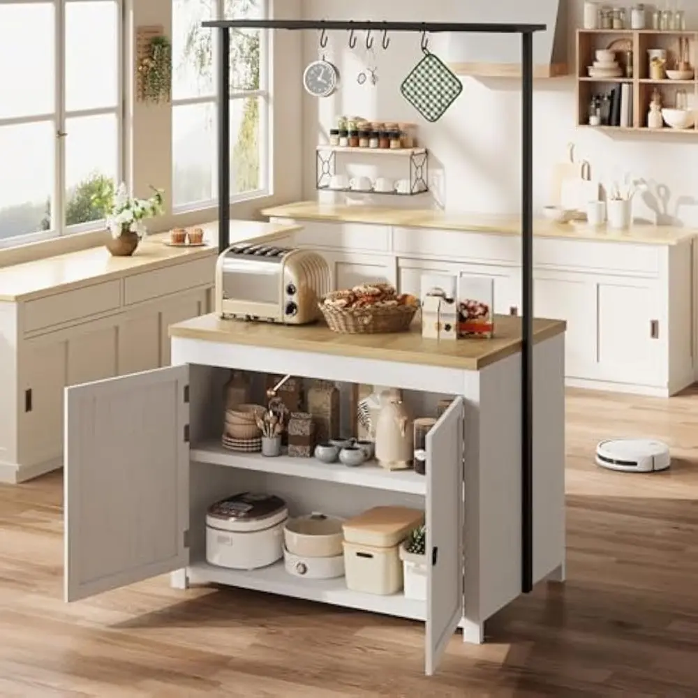 42" Kitchen Island with Storage, 1.2" Countertop Heavy-Duty Multi-Functional Kitchen Cart with 2-Tier Shelves, 5 Hooks, Metal C