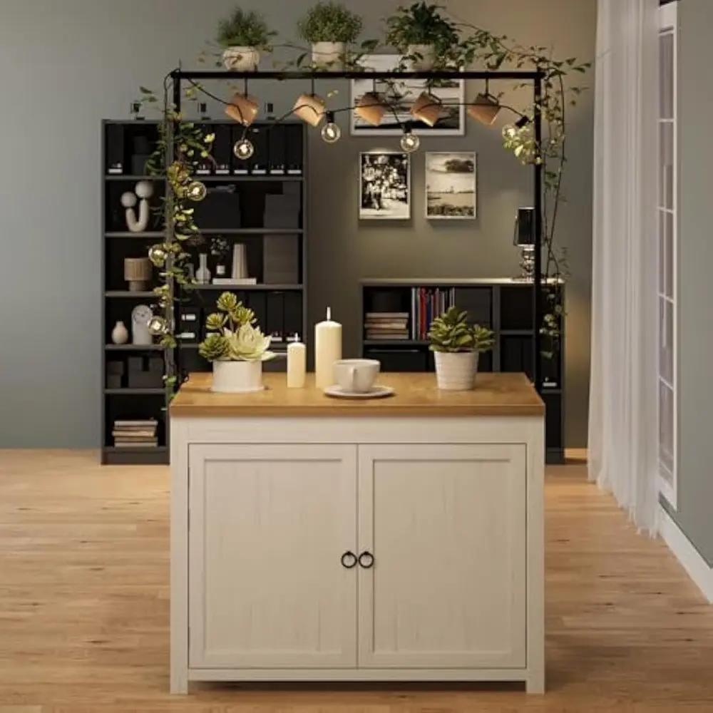 42" Kitchen Island with Storage, 1.2" Countertop Heavy-Duty Multi-Functional Kitchen Cart with 2-Tier Shelves, 5 Hooks, Metal C
