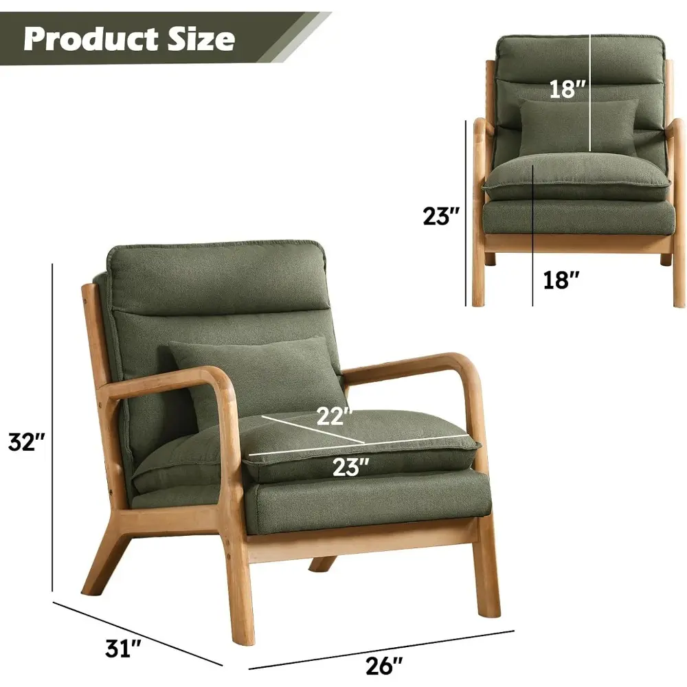 Mid Century Modern Accent Chair, Upholstered Lounge Armchair with Plump Back Pillow, Comfy Reading Chair with Solid Wood Frame f