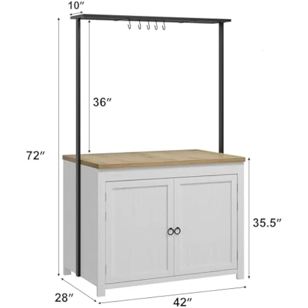 42" Kitchen Island with Storage, 1.2" Countertop Heavy-Duty Multi-Functional Kitchen Cart with 2-Tier Shelves, 5 Hooks, Metal C