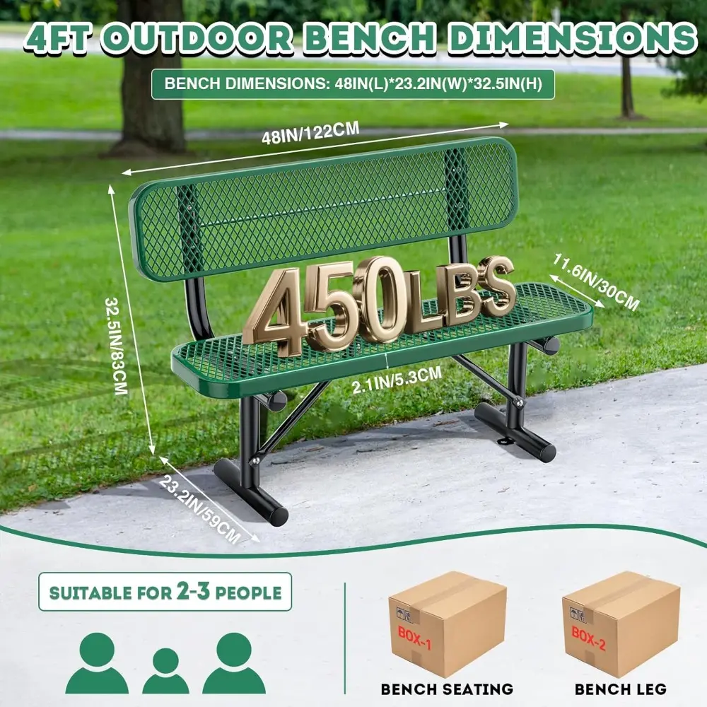 4 Feet Heavy Duty Park Bench with Back Portable Frame, Outdoor Steel Bench with Backrest, Expanded Metal Mesh Bench for Lawn, Pa