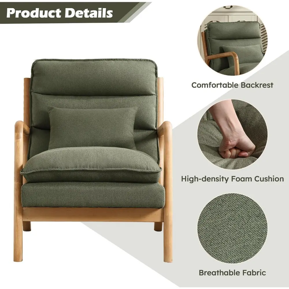 Mid Century Modern Accent Chair, Upholstered Lounge Armchair with Plump Back Pillow, Comfy Reading Chair with Solid Wood Frame f