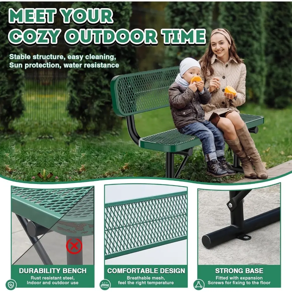 4 Feet Heavy Duty Park Bench with Back Portable Frame, Outdoor Steel Bench with Backrest, Expanded Metal Mesh Bench for Lawn, Pa