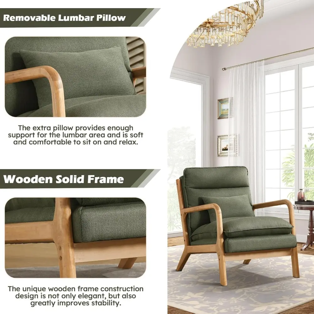 Mid Century Modern Accent Chair, Upholstered Lounge Armchair with Plump Back Pillow, Comfy Reading Chair with Solid Wood Frame f