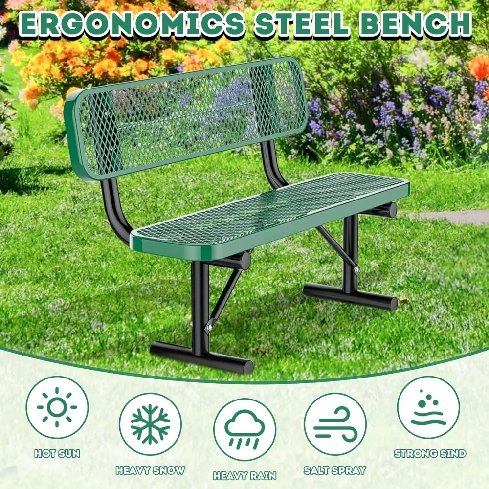 4 Feet Heavy Duty Park Bench with Back Portable Frame, Outdoor Steel Bench with Backrest, Expanded Metal Mesh Bench for Lawn, Pa