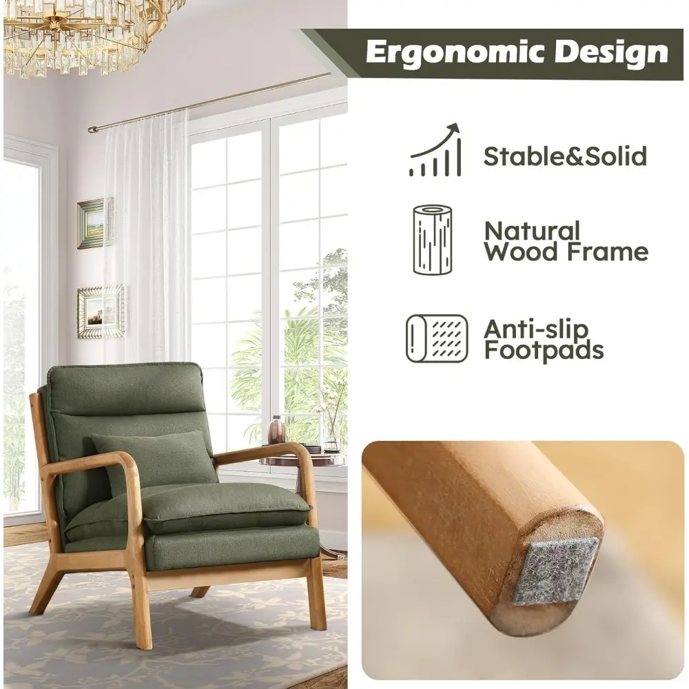 Mid Century Modern Accent Chair, Upholstered Lounge Armchair with Plump Back Pillow, Comfy Reading Chair with Solid Wood Frame f