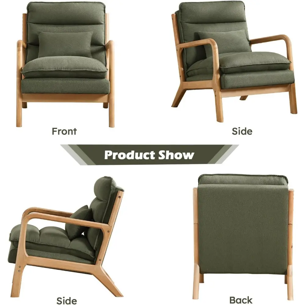 Mid Century Modern Accent Chair, Upholstered Lounge Armchair with Plump Back Pillow, Comfy Reading Chair with Solid Wood Frame f