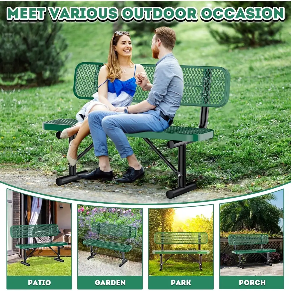 4 Feet Heavy Duty Park Bench with Back Portable Frame, Outdoor Steel Bench with Backrest, Expanded Metal Mesh Bench for Lawn, Pa