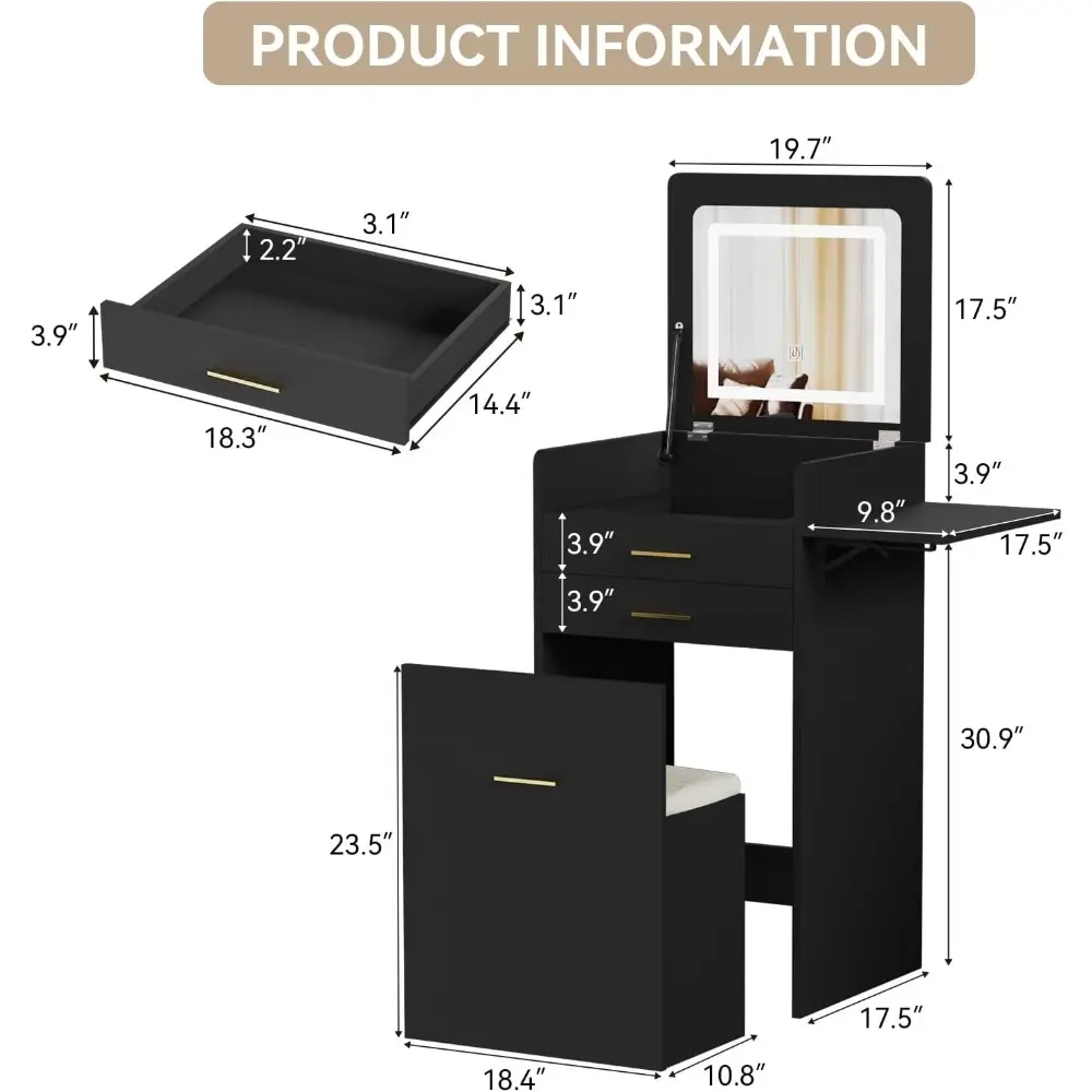 Small Vanity Desk Set with Flip-top Mirror and Lights Black Integrated 3 in 1 Makeup Vanities Set for Tiny Space Compact Mini D