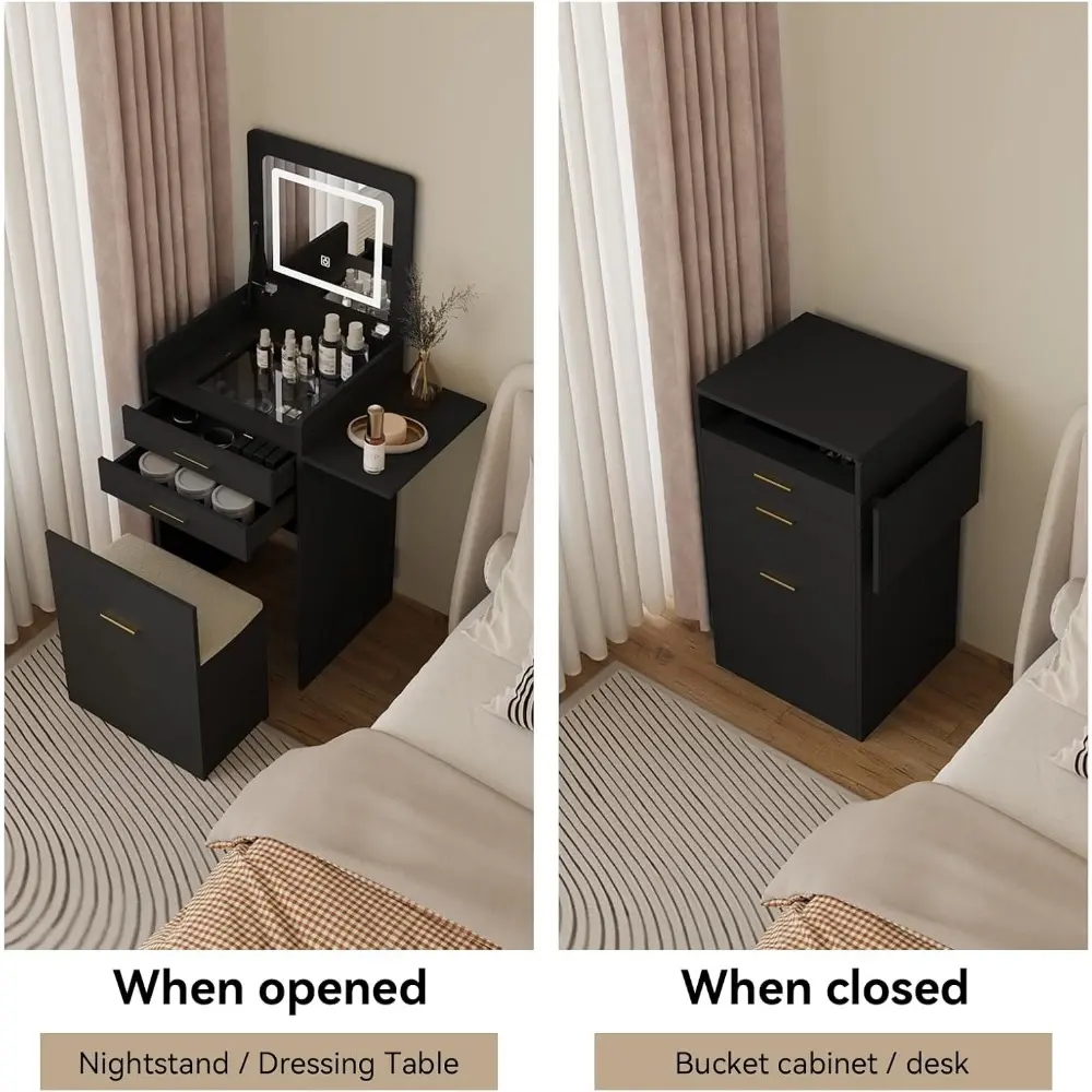 Small Vanity Desk Set with Flip-top Mirror and Lights Black Integrated 3 in 1 Makeup Vanities Set for Tiny Space Compact Mini D