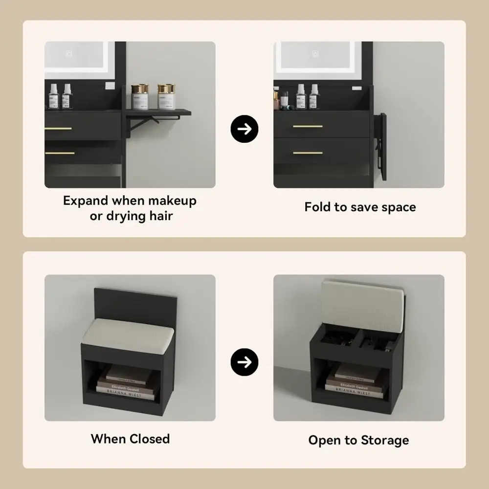 Small Vanity Desk Set with Flip-top Mirror and Lights Black Integrated 3 in 1 Makeup Vanities Set for Tiny Space Compact Mini D