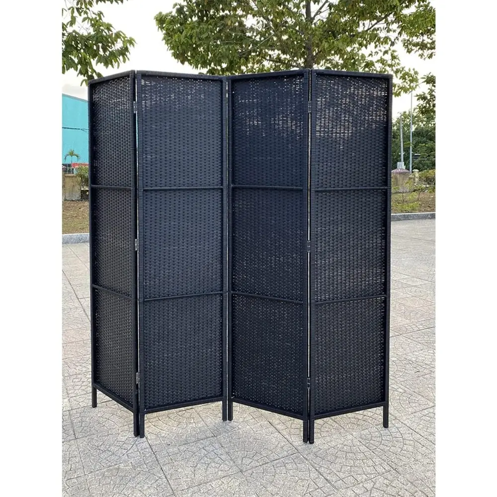 4 Panels Patio Outdoor Privacy Screen Room Divider Partition Black Resin Wicker Weather Resistant