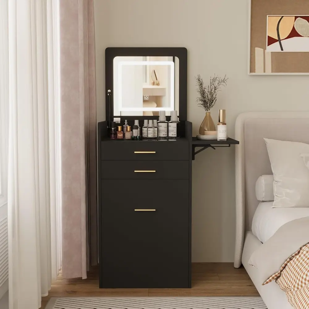 Small Vanity Desk Set with Flip-top Mirror and Lights Black Integrated 3 in 1 Makeup Vanities Set for Tiny Space Compact Mini D
