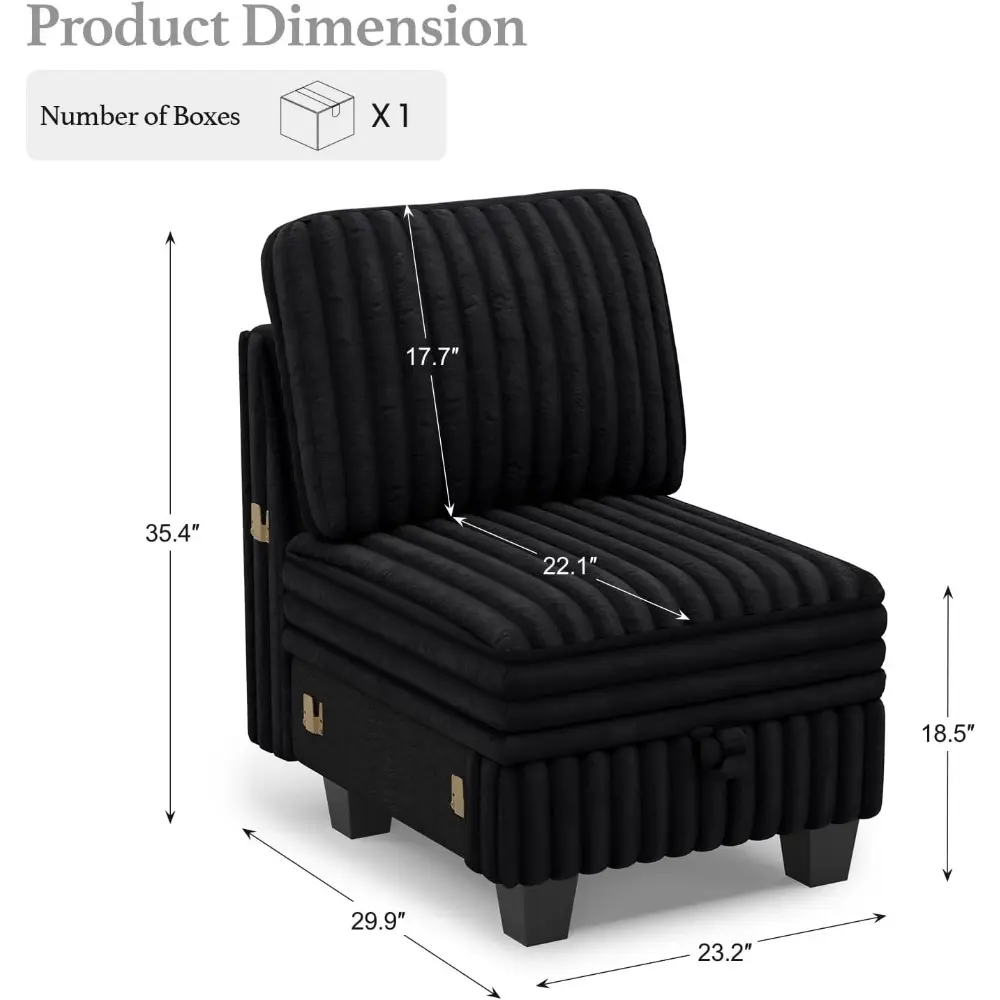 Plush Corduroy Single Module with Storage for Modular Sectional Sofa Black Couch