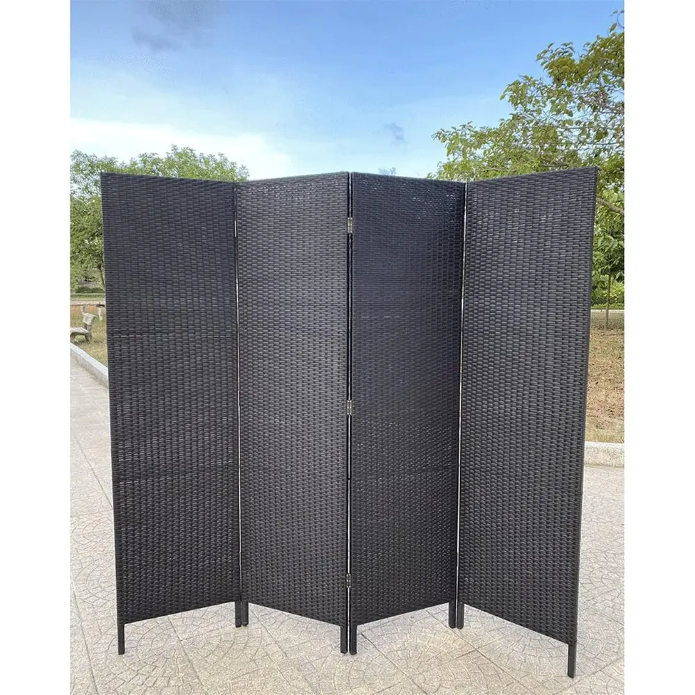 4 Panels Patio Outdoor Privacy Screen Room Divider Partition Black Resin Wicker Weather Resistant