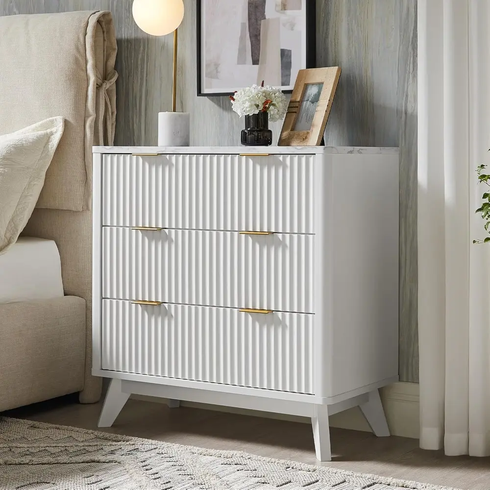 32" Tall Fluted Nightstand Set of 2, Modern Side Table with Faux Marble Top, 3 Drawers End Table w/Storage, Bedside Table for B