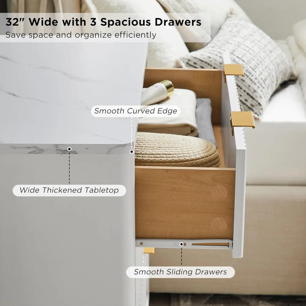 32" Tall Fluted Nightstand Set of 2, Modern Side Table with Faux Marble Top, 3 Drawers End Table w/Storage, Bedside Table for B