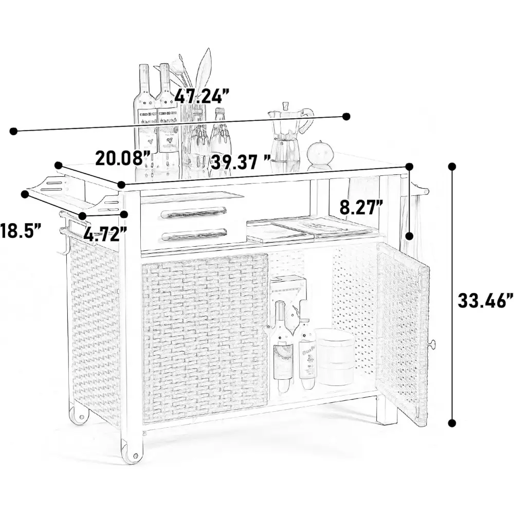 Outdoor Wicker Kitchen Island with Stainless Steel Table Top, Outdoor Grill Table with Side Handle, Rolling Bar Cart Station wit