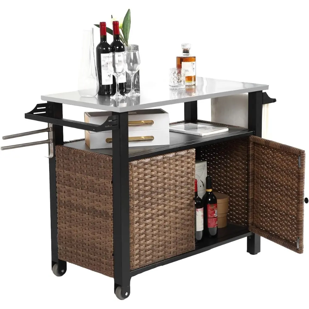 Outdoor Wicker Kitchen Island with Stainless Steel Table Top, Outdoor Grill Table with Side Handle, Rolling Bar Cart Station wit