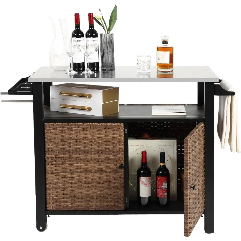 Outdoor Wicker Kitchen Island with Stainless Steel Table Top, Outdoor Grill Table with Side Handle, Rolling Bar Cart Station wit