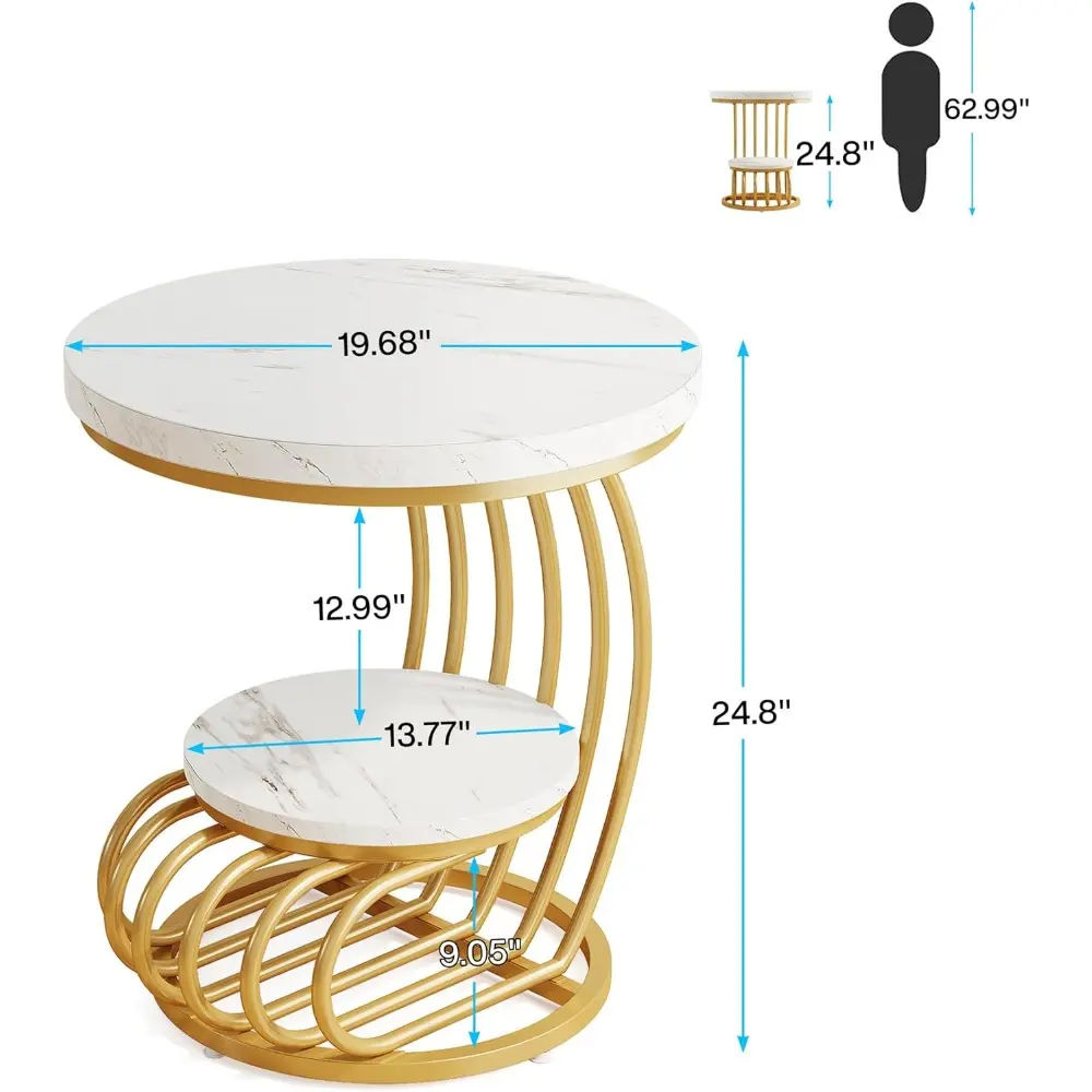 Gold Round End Table: 2 Tiers Side Table Set of 2 with Storage Shelf, Modern White Gold Bedside Nightstand, Metal Faux Marble A