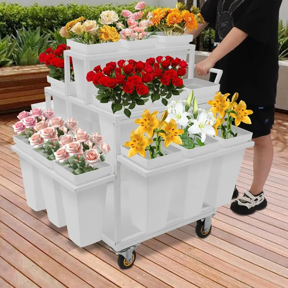 Flower Cart Plant Display Stand with 18 Buckets, Commercial Metal Plant Stand with Foldable Table and Wheels, Flower Shop Flower