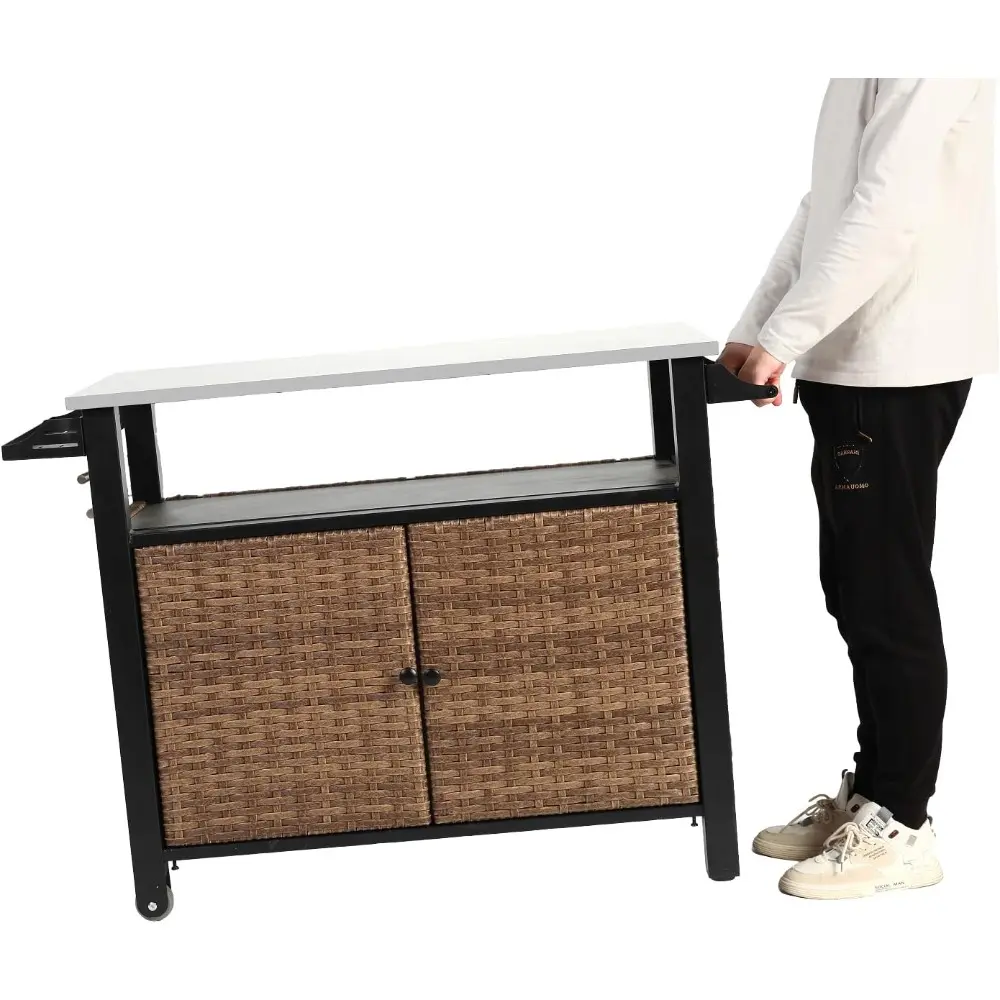Outdoor Wicker Kitchen Island with Stainless Steel Table Top, Outdoor Grill Table with Side Handle, Rolling Bar Cart Station wit