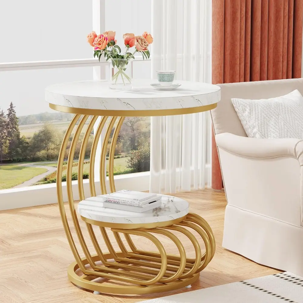 Gold Round End Table: 2 Tiers Side Table Set of 2 with Storage Shelf, Modern White Gold Bedside Nightstand, Metal Faux Marble A