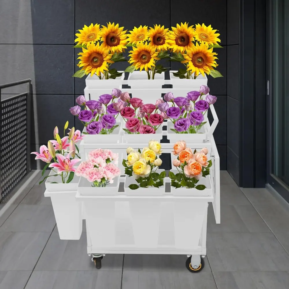 Flower Cart Plant Display Stand with 18 Buckets, Commercial Metal Plant Stand with Foldable Table and Wheels, Flower Shop Flower
