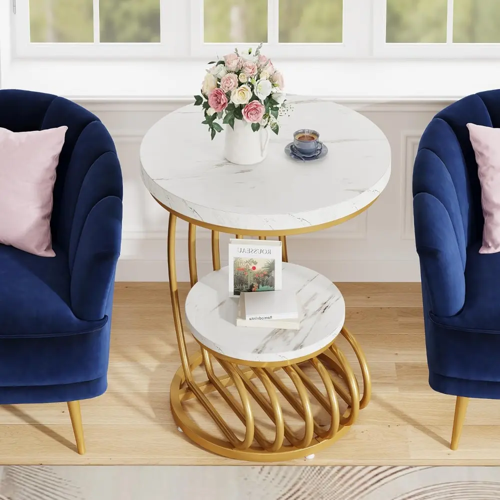 Gold Round End Table: 2 Tiers Side Table Set of 2 with Storage Shelf, Modern White Gold Bedside Nightstand, Metal Faux Marble A