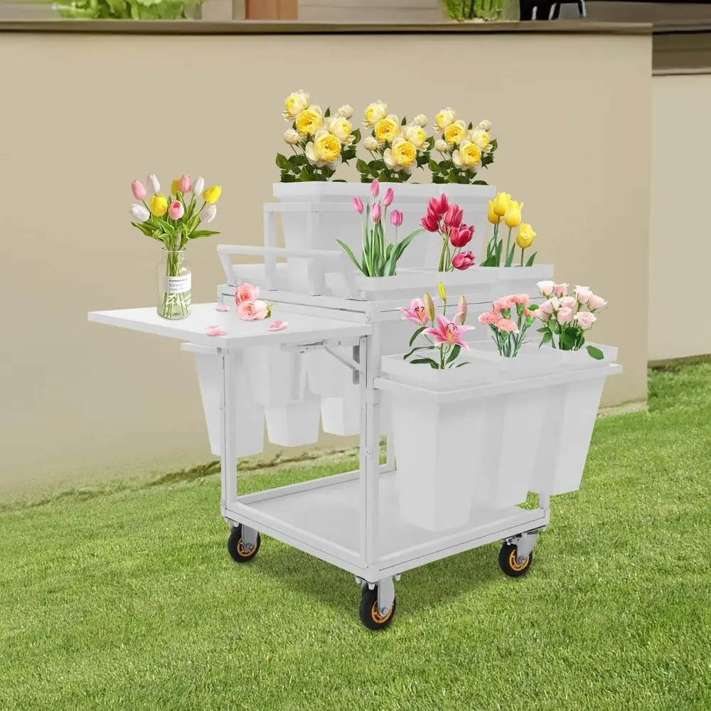 Flower Cart Plant Display Stand with 18 Buckets, Commercial Metal Plant Stand with Foldable Table and Wheels, Flower Shop Flower