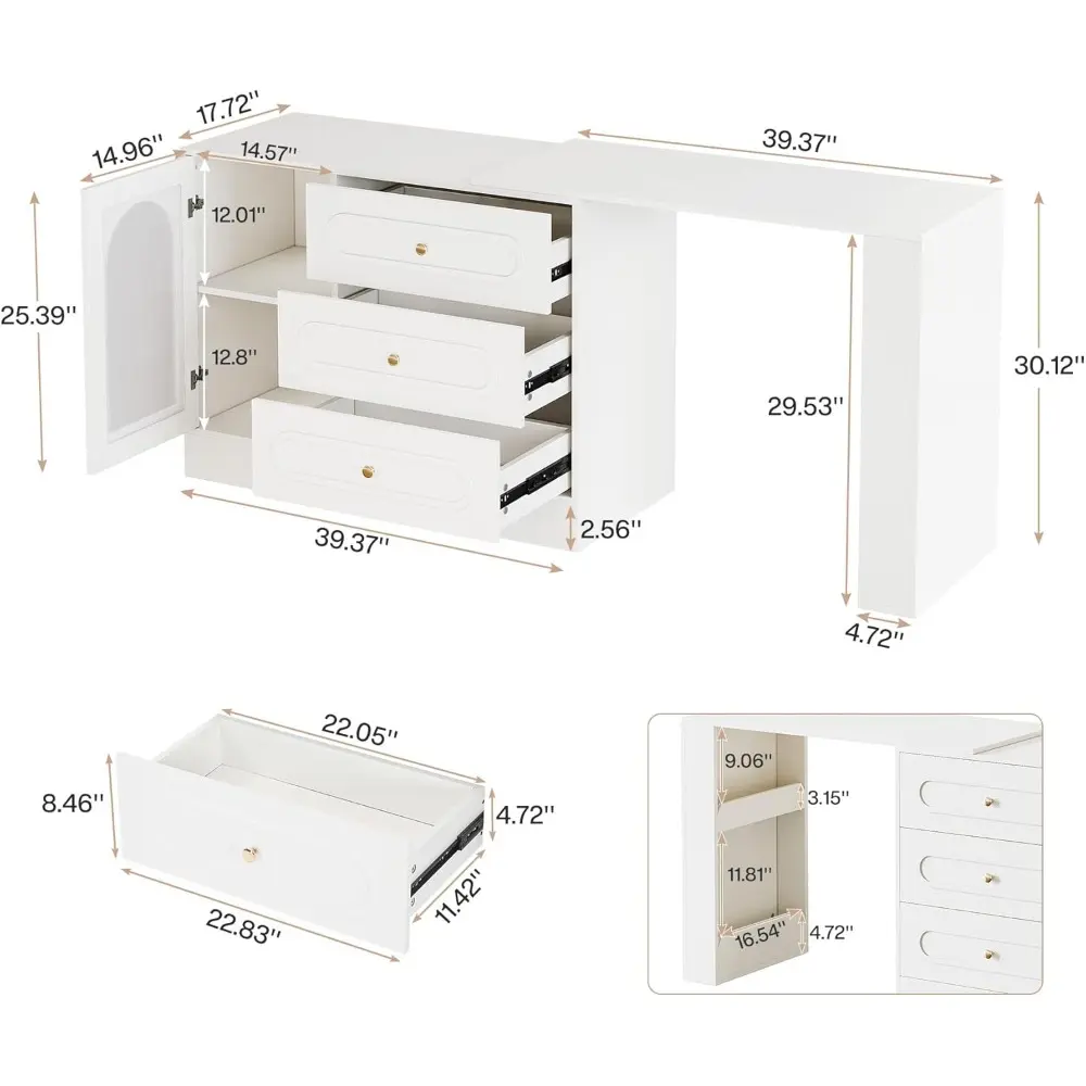 360° Rotatable Corner Vanity with 3 Drawers, Modern White Vanity Desk with Extendable Table, Wooden Makeup Desk with Reversible